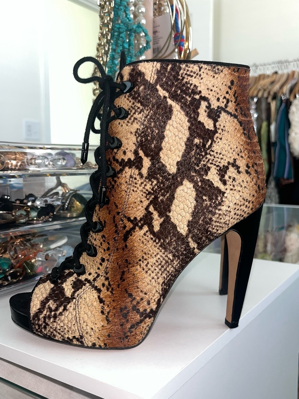 Sam Edelman Brown Tan Snake-Print Lace-Up Peep-Toe Booties